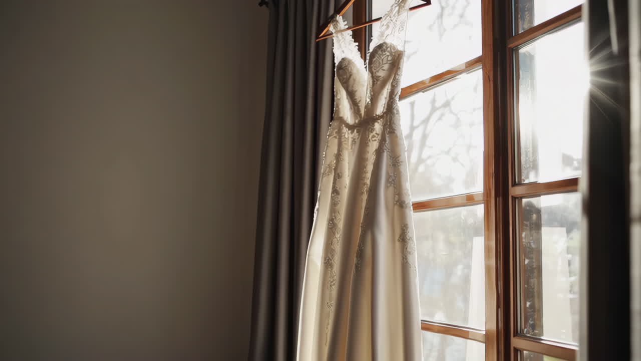 A Wedding Dress Hanging in a Room