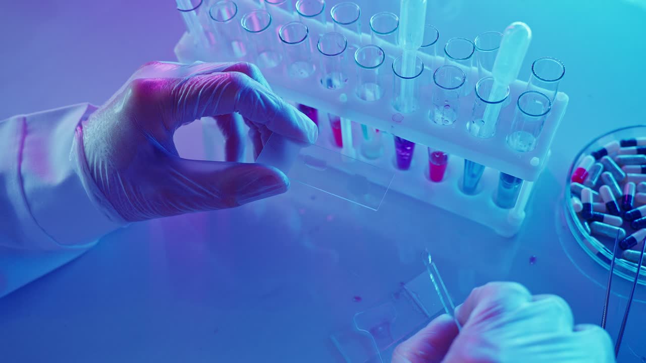 Close-up of Scientist Pipetting Liquid onto Microscope Slide in Lab