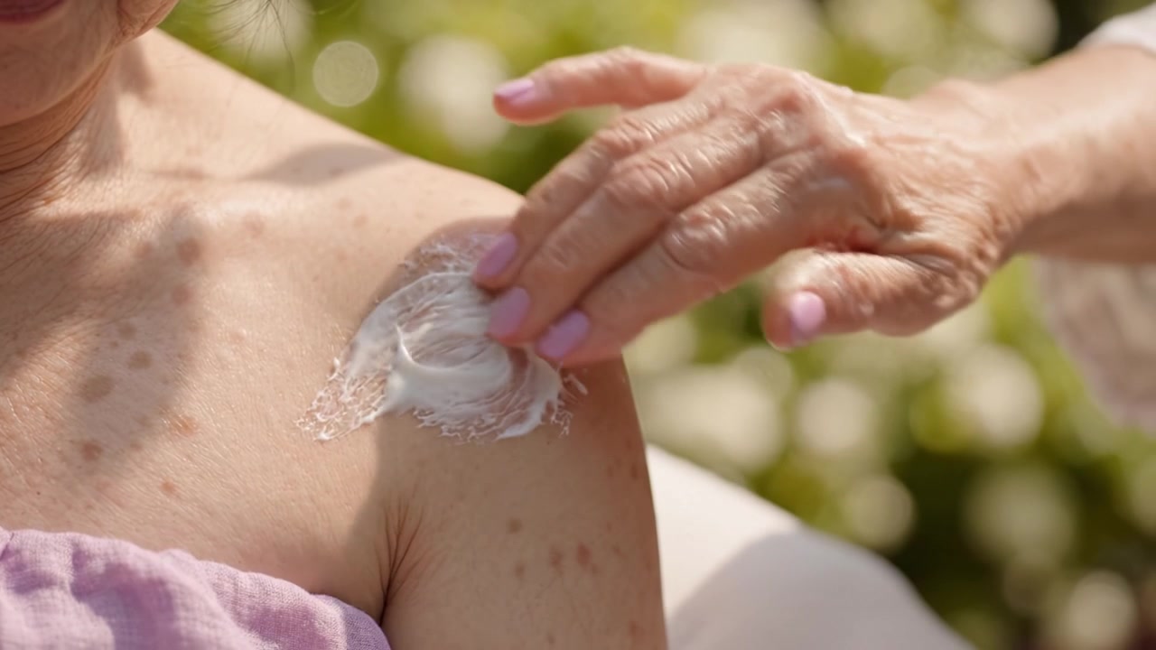 A close-up view of a woman's shoulder with moisturizing cream being applied, highlighting skincare and personal care in a serene outdoor environment.