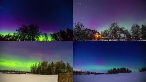 Time-lapse-shot-of-Aurora-Borealis-Green-Purple-Milky-Way-Galaxy-Loop-on-split-screen