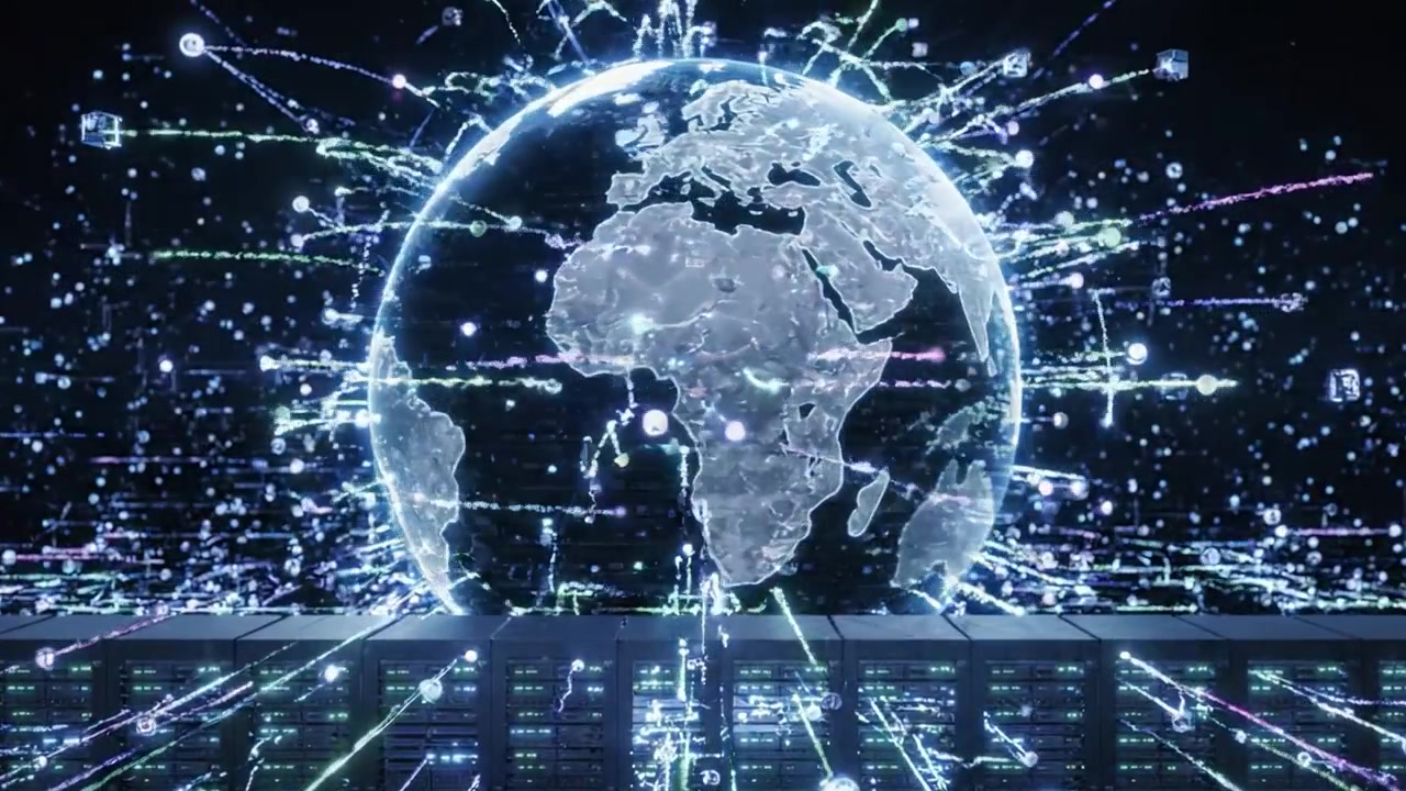 In a digital realm of servers and data, a vibrant visual representation showcases the interconnectedness of global networks and the illuminated pathways of information flow.