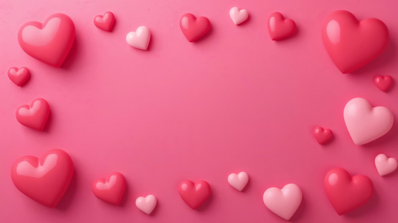 Forme lucide in 3D a cuore che si muovono verso l'interno su un tavolo rosa dopo una breve pausa, formando un cluster centrale
