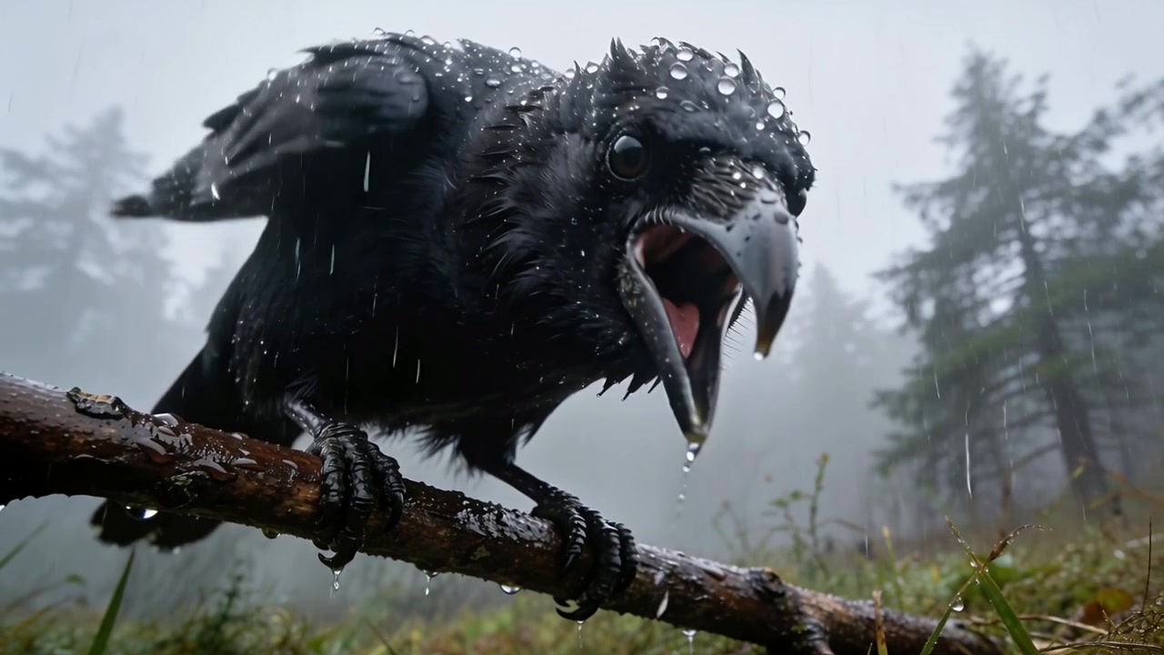 Chuva fazendo com que um grande corvo preto incline a cabeça em um galho molhado entre coníferas nebulosas, com gotas caindo