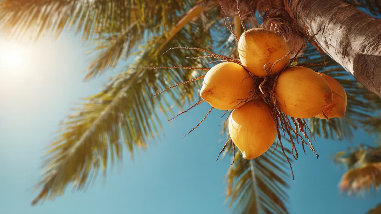 A close-up view of a cluster of ripe coconuts hanging from a palm tree, set against a bright blue sky reflecting sunlight and showcasing lush tropical surroundings