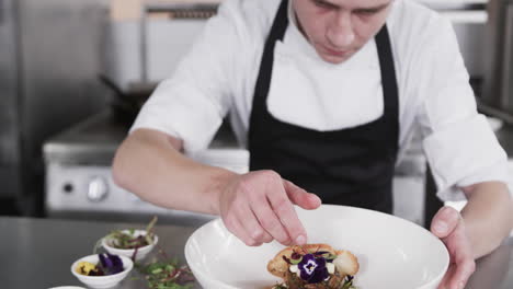 caucasian male chef decorating meal in kitchen, slow motion