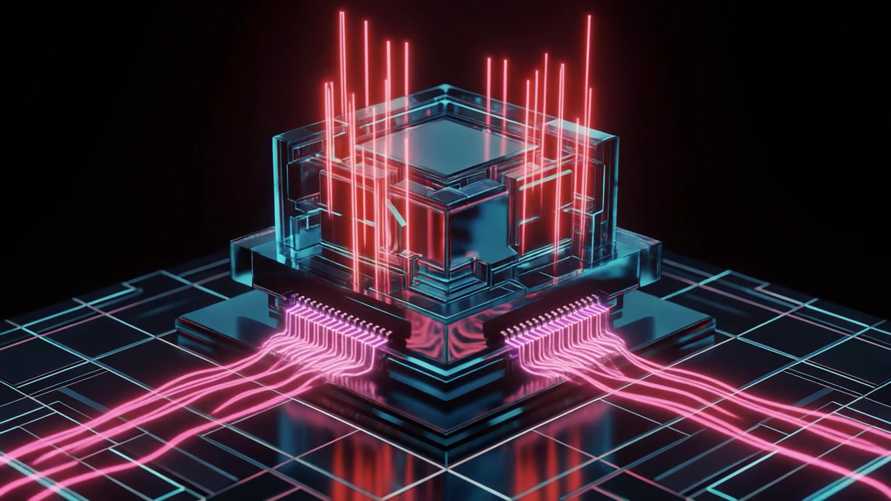 Futuristic Digital Processor Chip with Glowing Data Streams