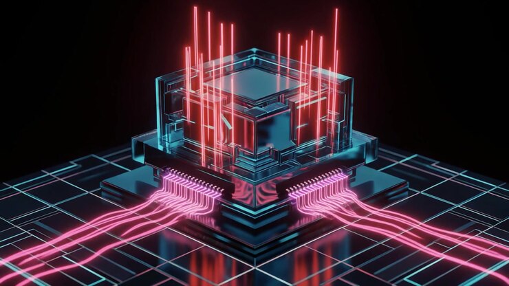 Chip processore digitale futuristico con flussi di dati luminosi