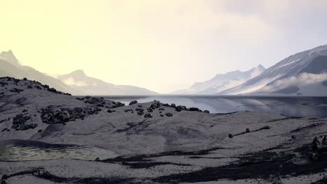 sunset in the gulf of the arctic ocean cliffs illuminated by sunset