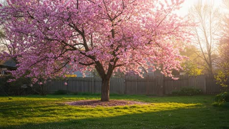 A Vibrant Cherry Blossom Tree in Full Bloom, Bathed in Soft Evening Light, Creating a Picturesque Scene of Natural Beauty in a Serene Backyard Setting