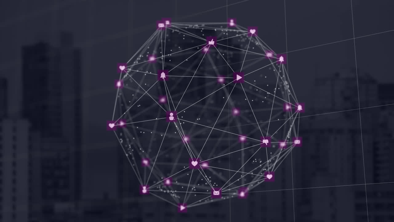 globo de iconos digitales contra el paisaje urbano