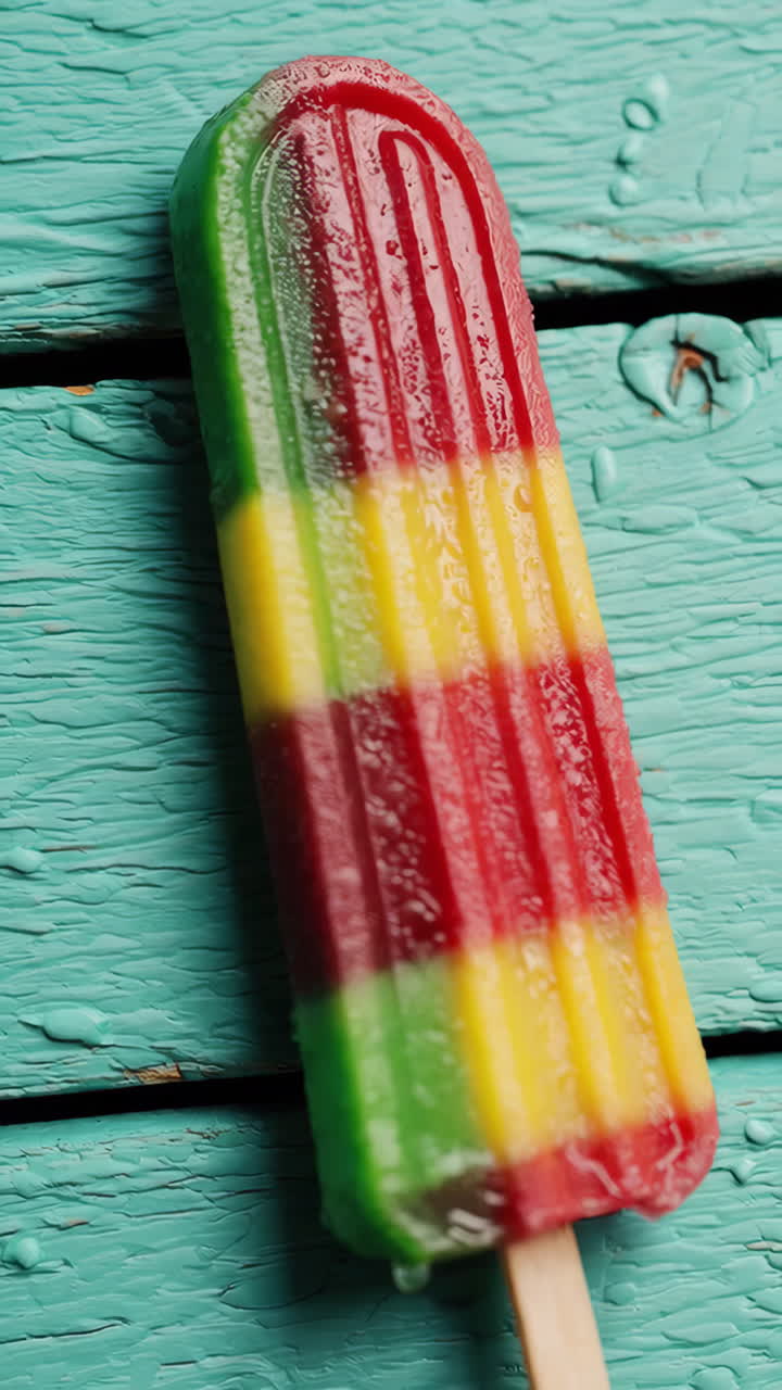 A Colorful Striped Popsicle on a Wet Turquoise Table