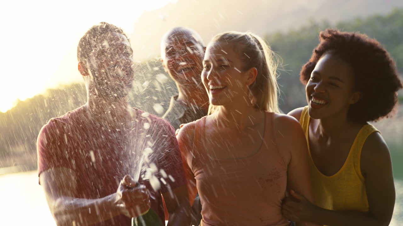 grupo de amigos celebrando al aire libre por el lago abriendo y rociando una botella de champán
