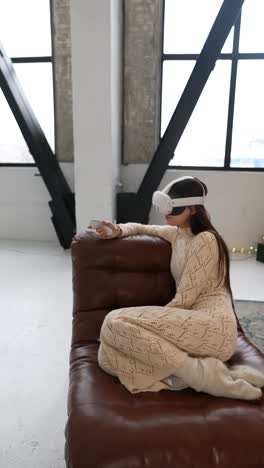 woman relaxing with vr headset at home during the holidays