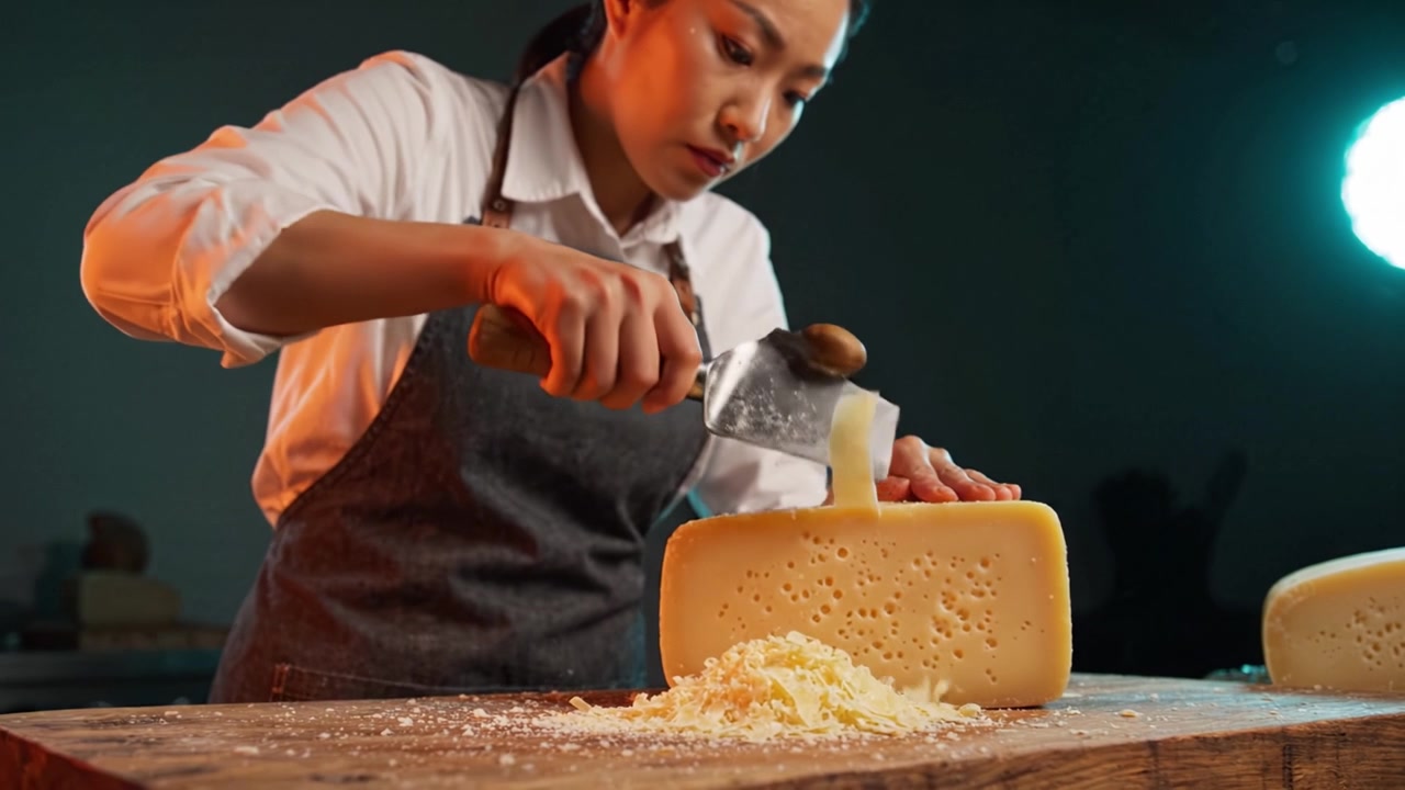 Fromager expert rasant habilement du cheddar affiné, créant de fins copeaux et une texture sous un éclairage doux dans un environnement de cuisine professionnelle.