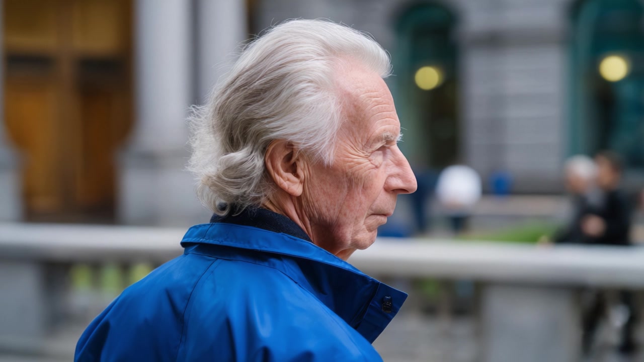 Un uomo anziano contemplativo con capelli argentati, che indossa una giacca blu, che guarda pensieroso in lontananza mentre passeggia in un ambiente urbano.