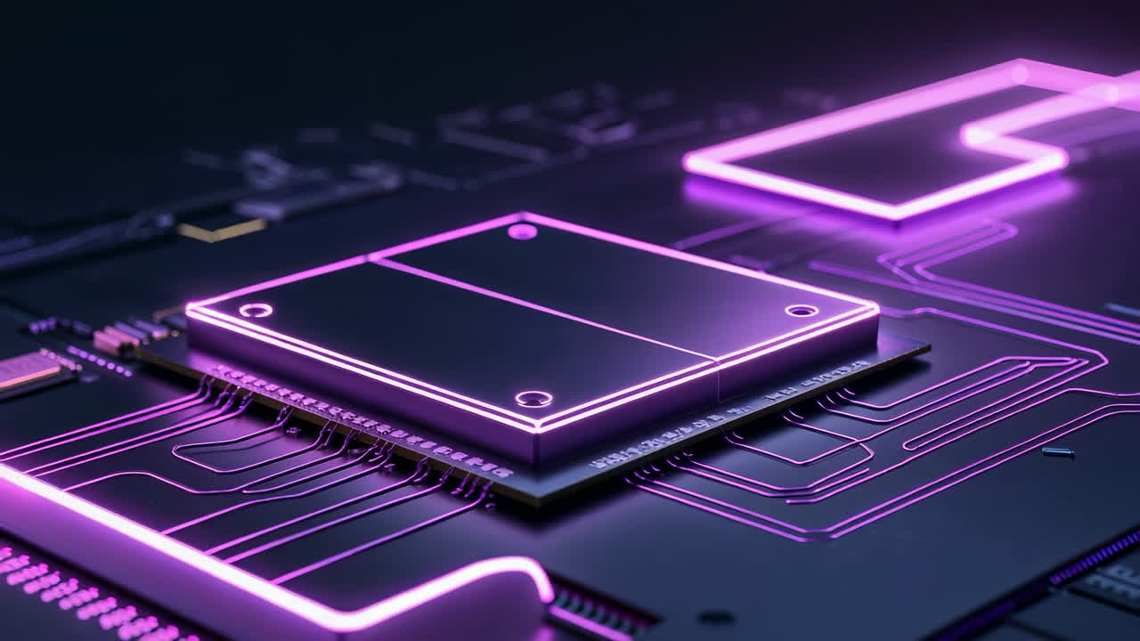 Purple Neon Microchip on Circuit Board