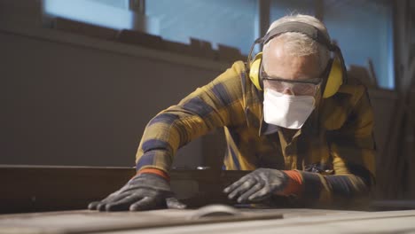 adult carpenter cuts wood with a table saw.