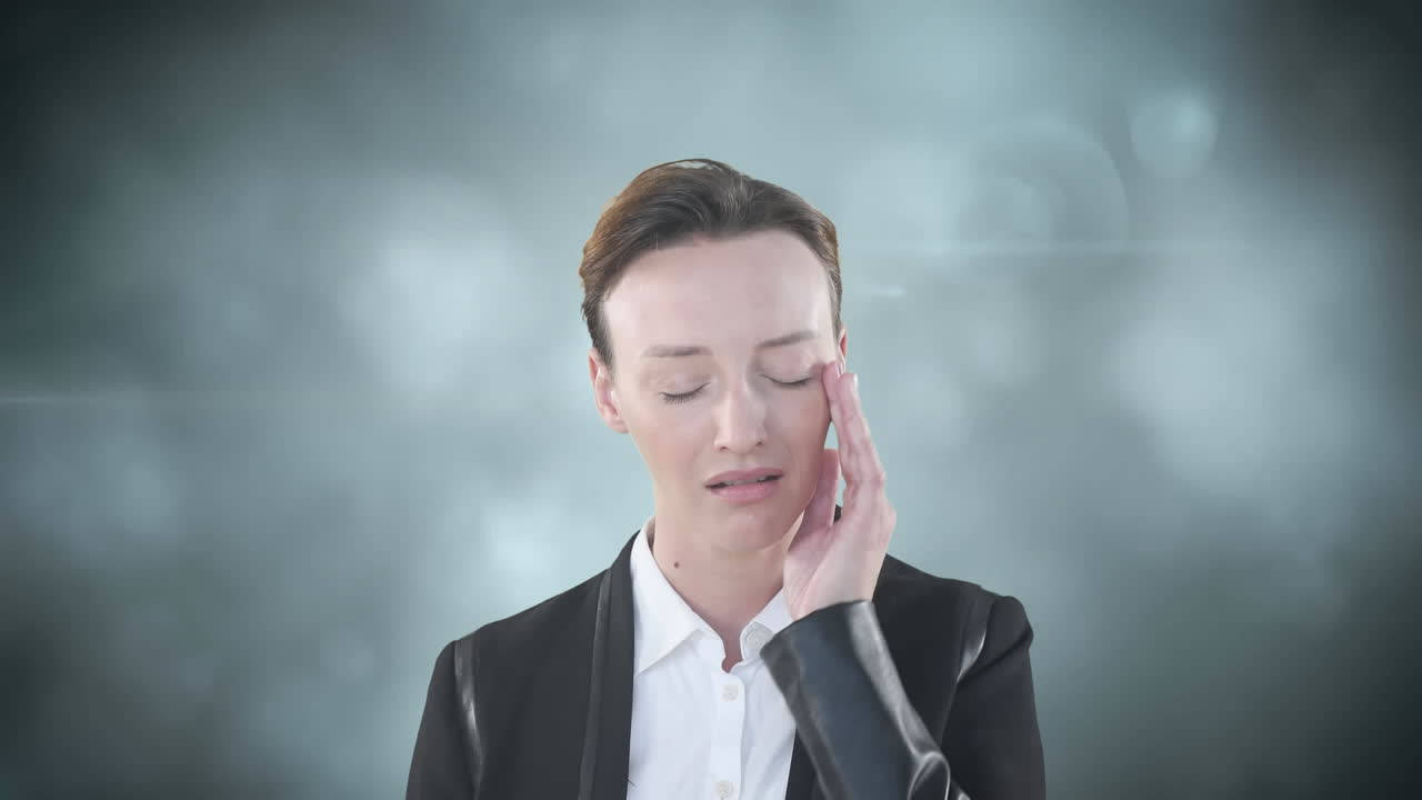 반 ⁇ 이는 배경으로 두통을  ⁇ 는 백인 여성의 애니메이션