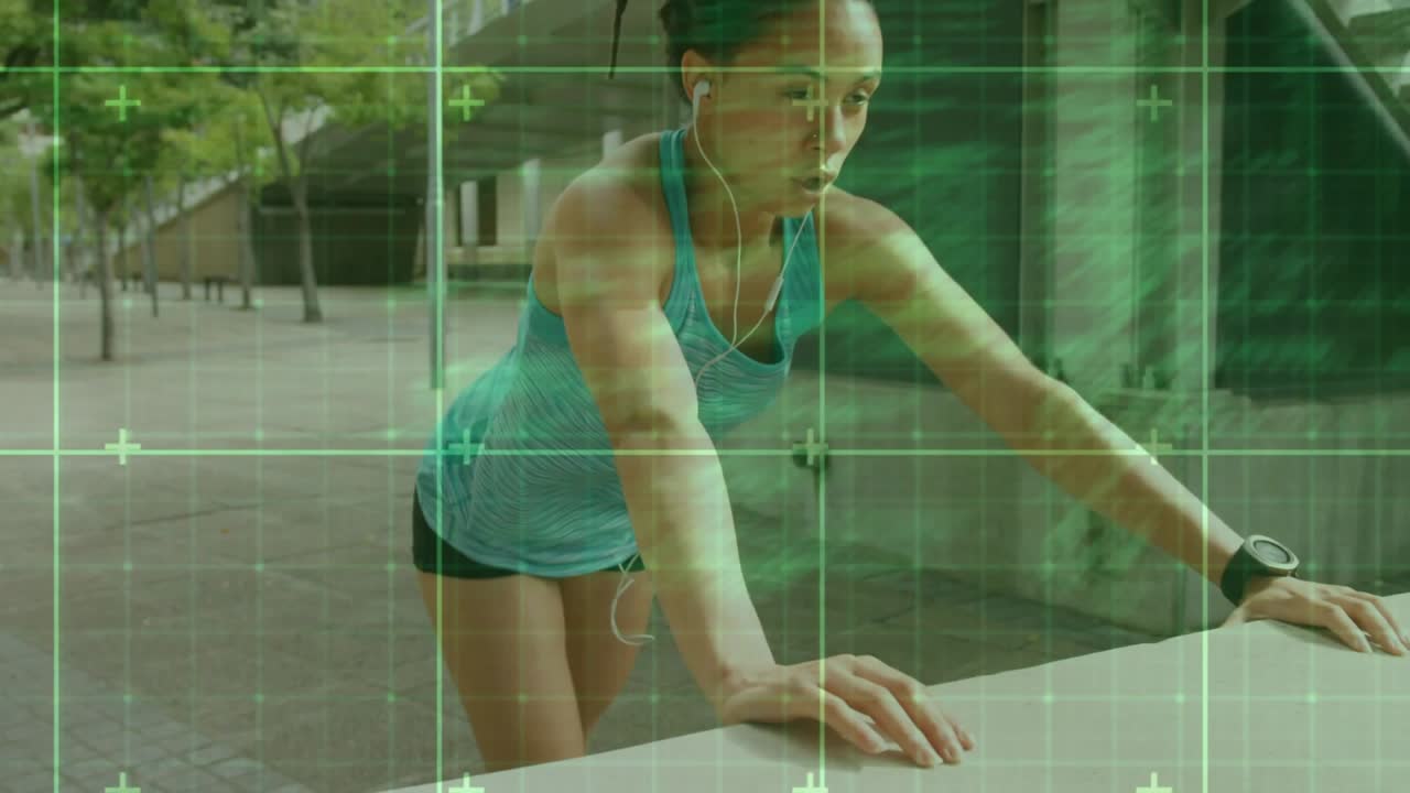 Woman stretching for fitness on ledge, checking watch and adjusting pose, HUD grid showing code