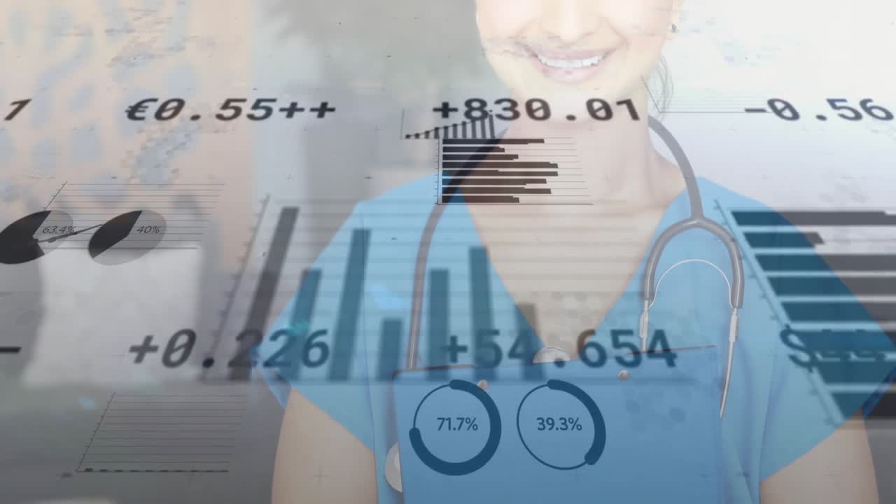 Infermiera che reagisce a visualizzazioni finanziarie, sciogliendo le braccia e afferrando un portablocco per presentare dati finanziari