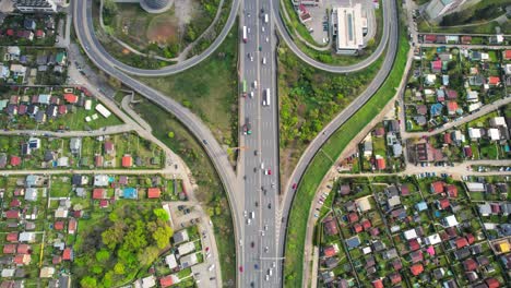 aerial overview of praterbrucke over donauinsel industrial port area in vienna, austria, a23 freeway, drone shot on a sunny day