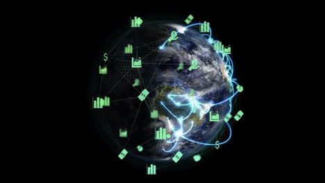 animation of network of connections with icons over globe