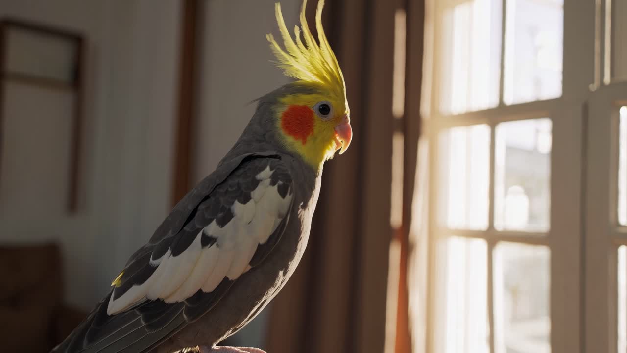 Close-up video shot of a cockatiel perched indoors, bathed in natural light from a window