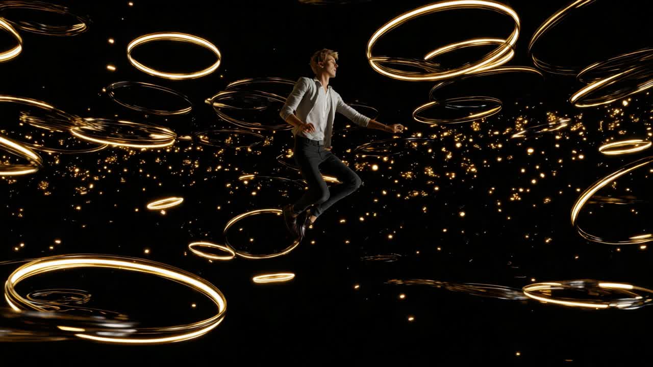 A mesmerizing scene of a dynamic individual floating amidst a captivating array of glowing rings and shimmering lights, combining elements of imagination and surreal beauty in a striking visual experience