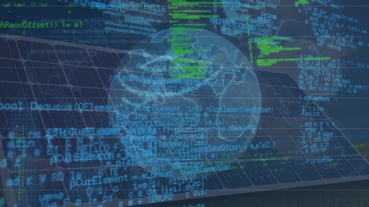 animação de processamento de dados com globo em interface digital contra painel solar