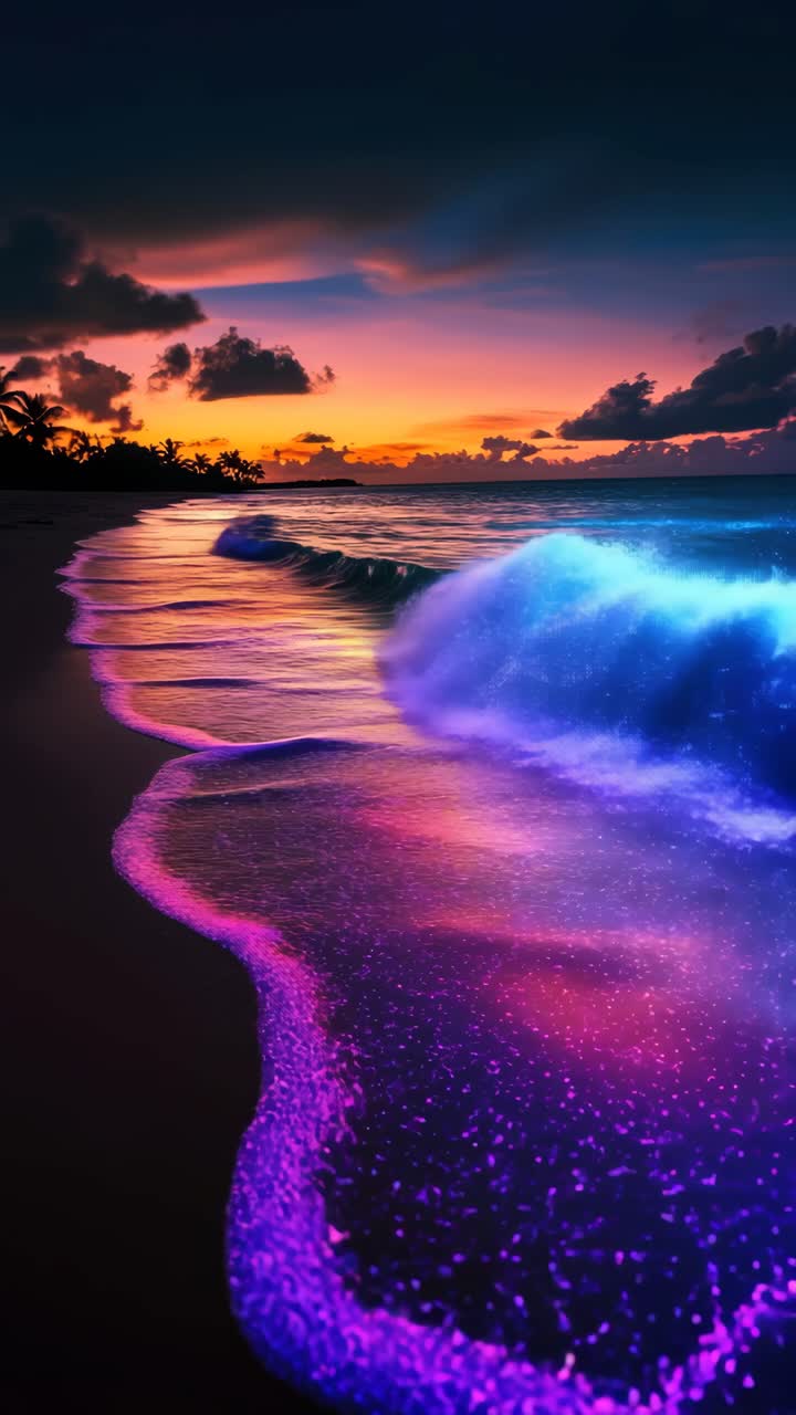 Vibrant sunset beach scene with glowing waves. Low-angle shot captures the magical colors