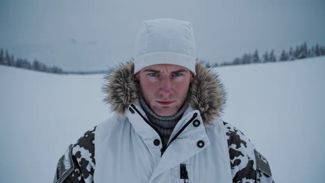man in winter clothing in snowy landscape
