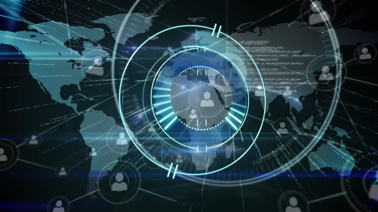 검은 바탕에 연결 네트워크를 통해 범위 스캐닝과 데이터 처리의 애니메이션