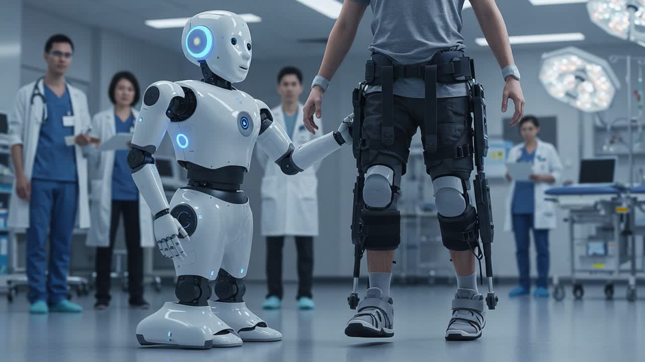 A Futuristic Interaction Between a Humanoid Robot and a Person in an Exoskeleton in a Medical Facility, Showcasing Advanced Technology and Rehabilitation Techniques