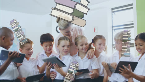 animación de libros que caen sobre diversos escolares en clase en la escuela