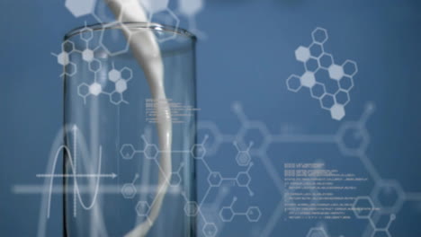 animation of data processing with chemical formula over glass of milk on blue background