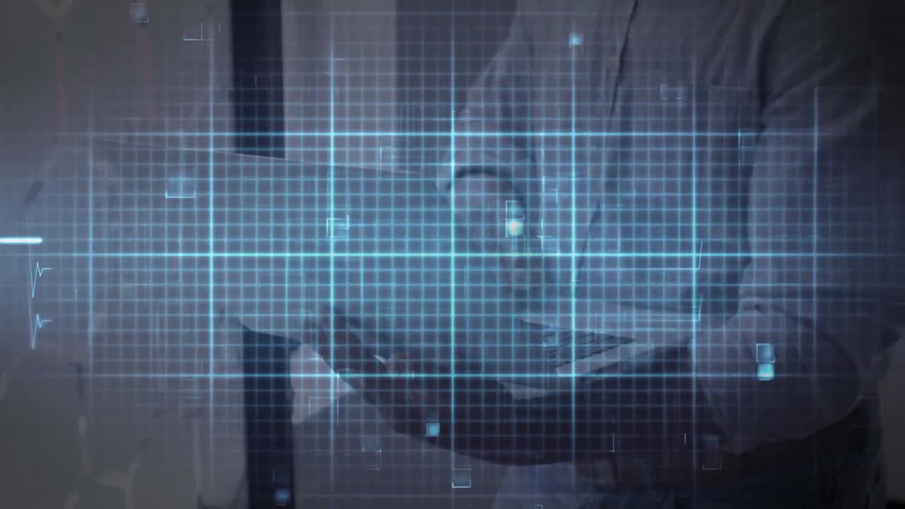 アフリカ系アメリカ人のビジネスマンがオフィスでラップトップを使用しているアイソエレクトリックラインのアニメーション