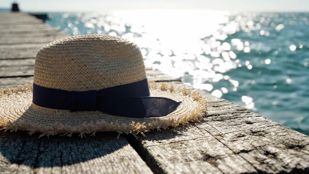Un cappello di paglia finemente lavorato appoggiato su un molo di legno vicino all'acqua scintillante, che cattura perfettamente l'essenza di una rilassante giornata estiva in riva al mare.