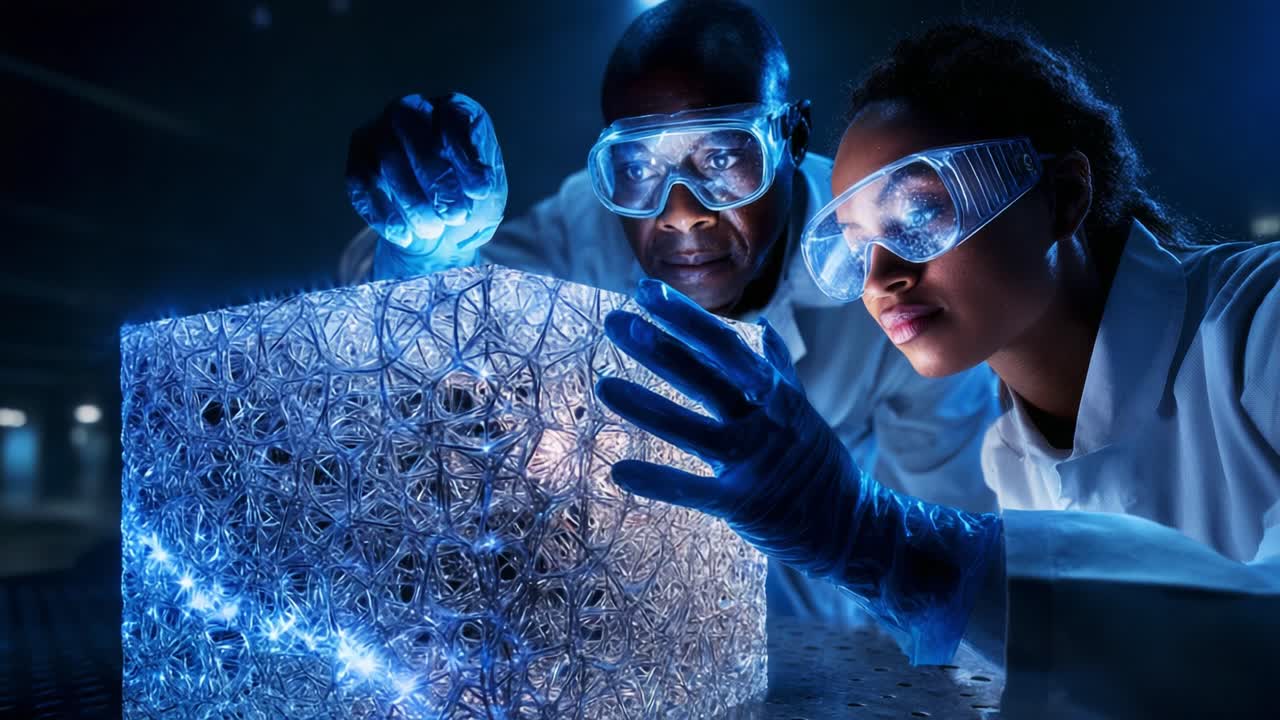 Scientists Collaborate on Innovative Research, Examining a Luminescent Structure Under Blue Light, Highlighting the Fusion of Technology and Creativity in Their Laboratory Environment