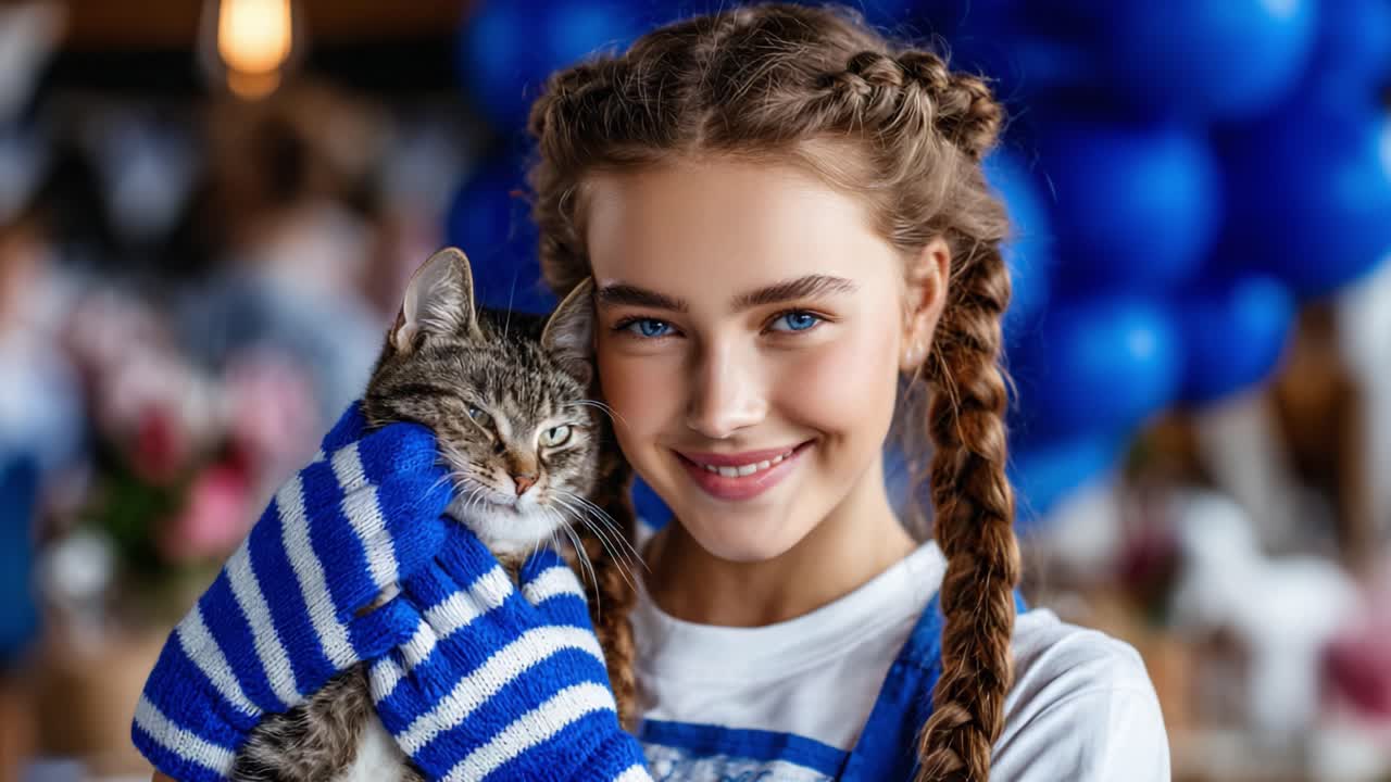 A Joyful Encounter: A Young Girl Embraces Her Adorable Cat in a Colorful Setting Filled with Blue Balloons and Cheerful Atmosphere