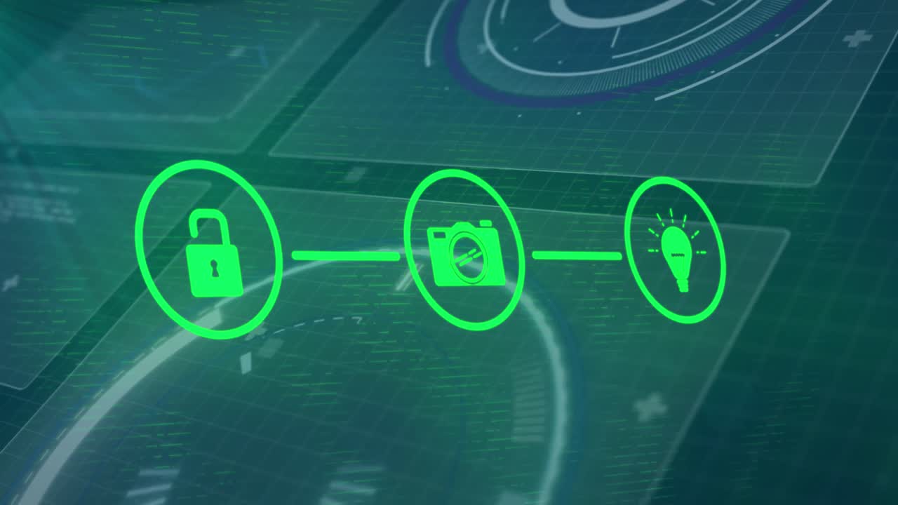 Animation of network of digital icons and interface with data processing against blue background