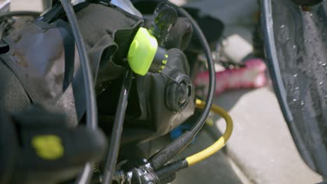 closeup of scuba diving equipment after use in diving activity