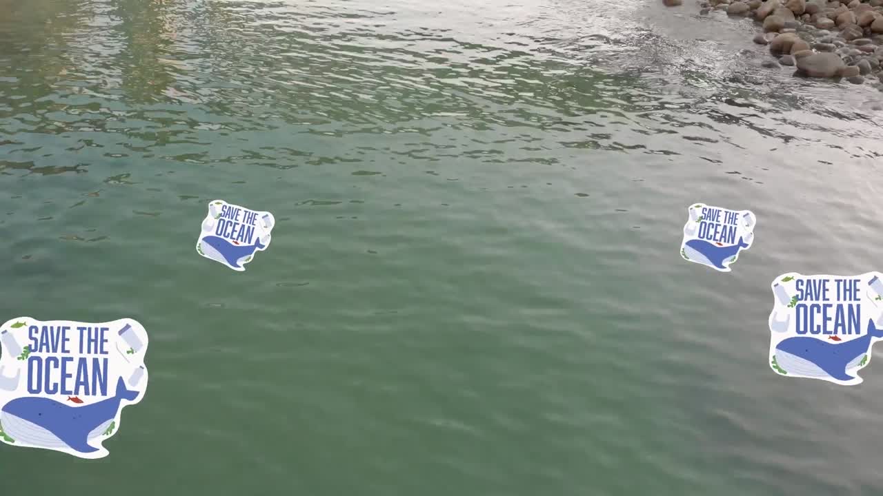 경관 위에 save the ocean 텍스트, 지속 가능성 및 생태학 아이콘의 애니메이션