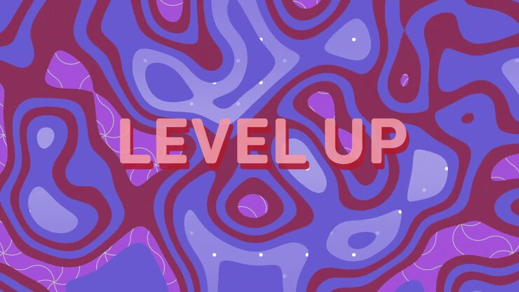 Level up text animation over abstract purple and red swirling patterns