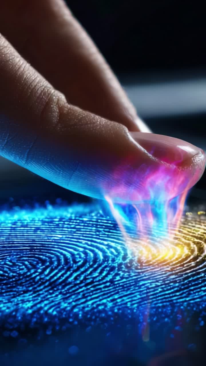 A Close-Up Exploration of a Fingerprint with Vibrant Colors and Digital Effects Capturing the Essence of Fingerprint Recognition Technology in Action