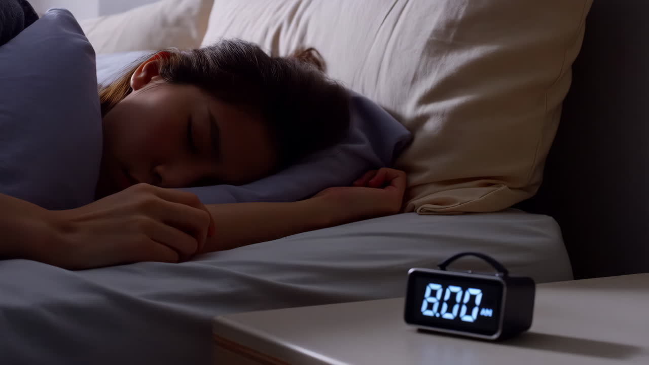 알람 시계와 함께 자 고하는 여자