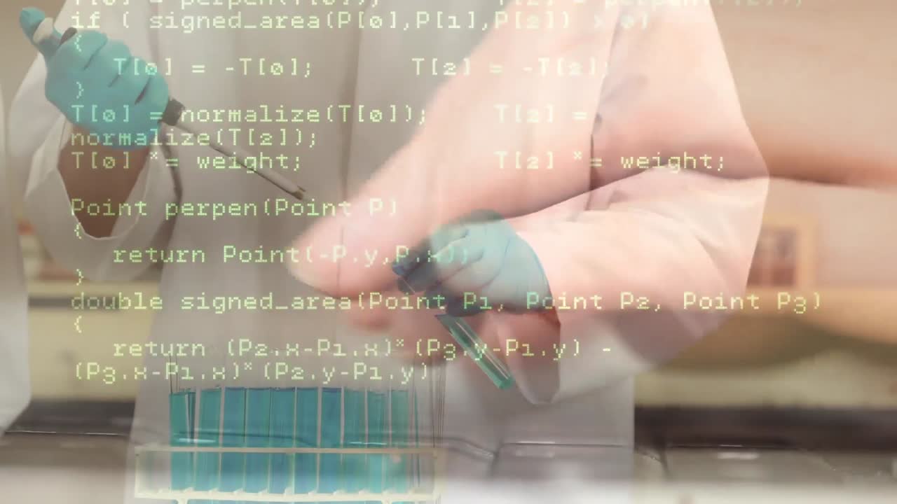animación del procesamiento de datos sobre un científico caucásico que toma muestras en el laboratorio y una mujer que usa una computadora portátil