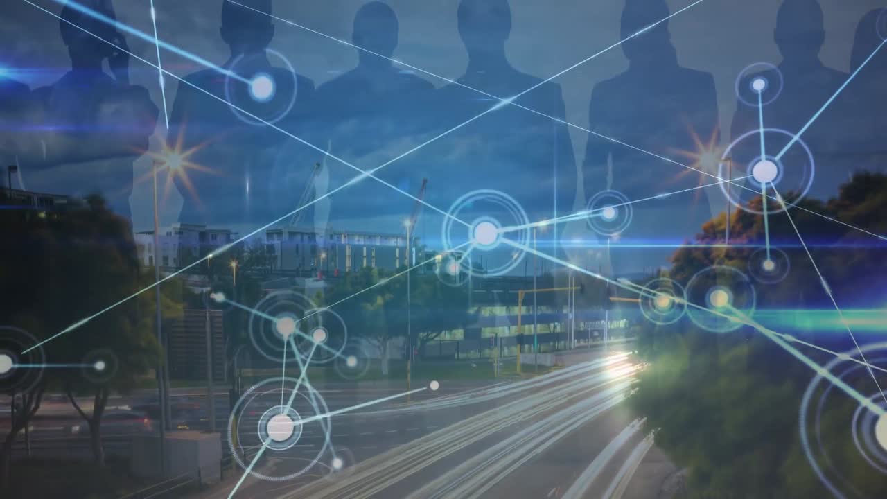 사람들의 실루 ⁇ 과 도시 풍경에 대한 연결 네트워크의 애니메이션