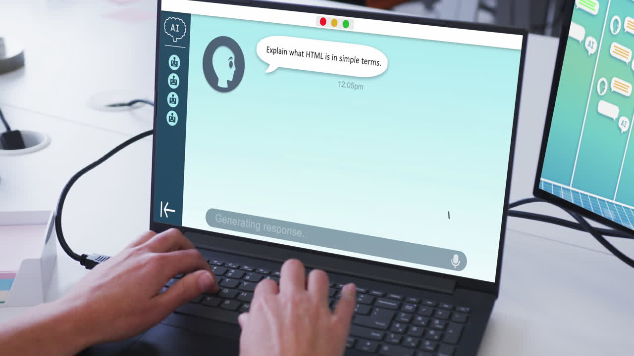 composición de las manos de un hombre biracial usando una computadora portátil con un chat en la pantalla
