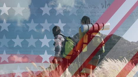 animation of american flag over smiling diverse couple hiking in mountains