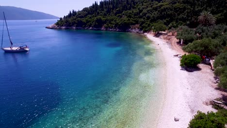 aerial shot of foki beach in kefalonia, greece with clear turquoise waters and lush greenery